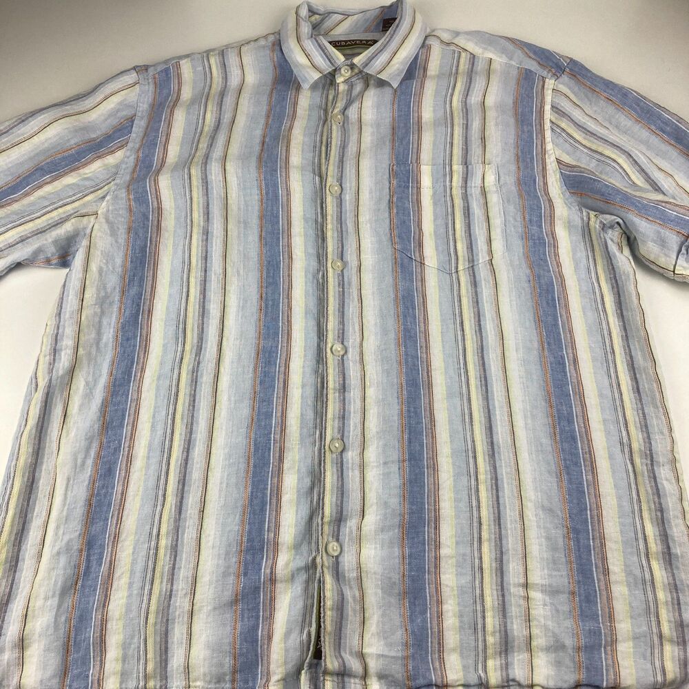 Cubavera Shirt Mens XL 100% Linen Blue Striped Short Sleeve Resort Casual